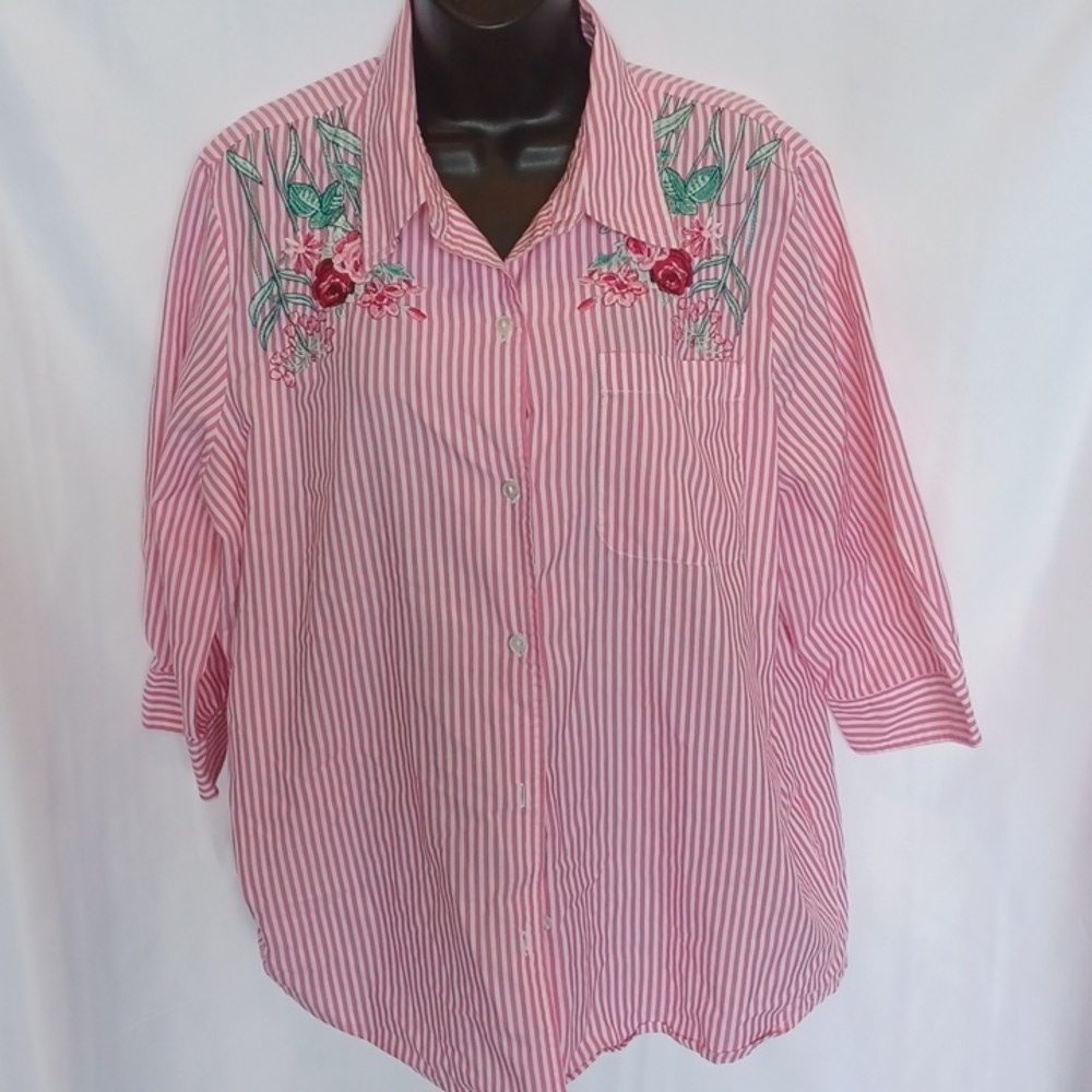 Vintage Blair Pink Striped Embroidered Flowers Shirt, 3/4 sleeve